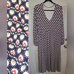 Boden Retro Geometric Floral Print Longsleeve Midi Dress Women's US 12 or L XL